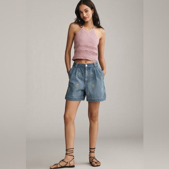 FARM RIO Embroidered Palm Tree Denim Shorts